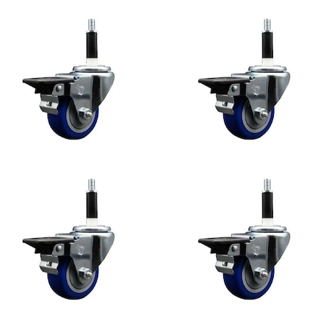 Service Caster 3'' Blue Poly Swivel 7/8'' Expanding Stem Caster Set with Brake, 4PK SCC-EX20S314-PPUB-BLUE-PLB-78-4